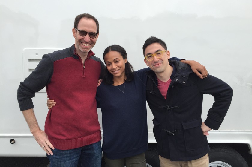 Joe Kelly, Zoe Saldana and Ken Niimura on the shooting set of I Kill Giants